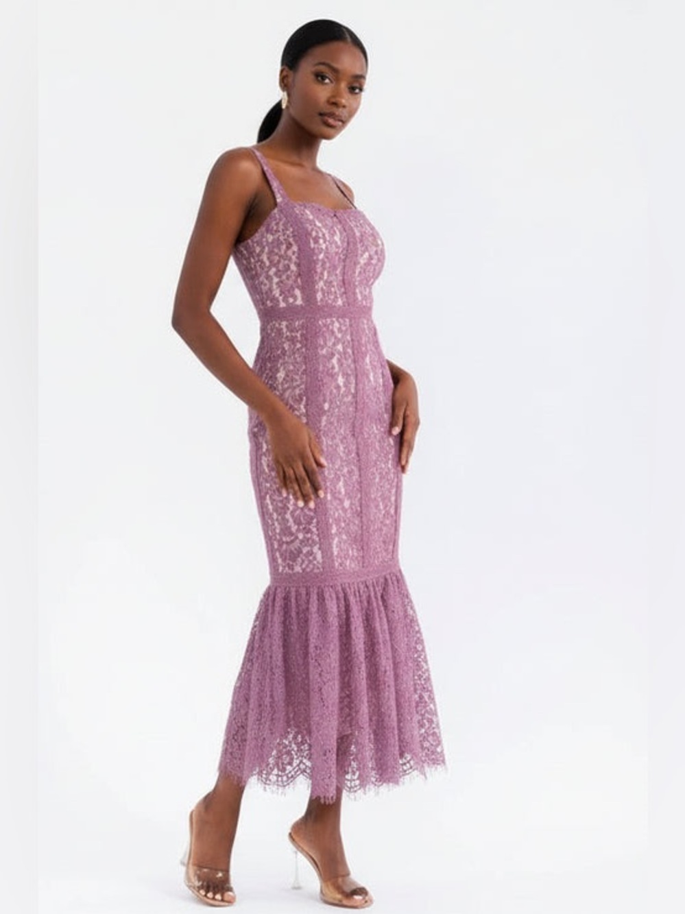 Lace Mermaid Midi Dress in Dusty Mauve